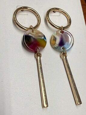 Gold Hoop Dangle Earrings with Multicolor Resin Discs